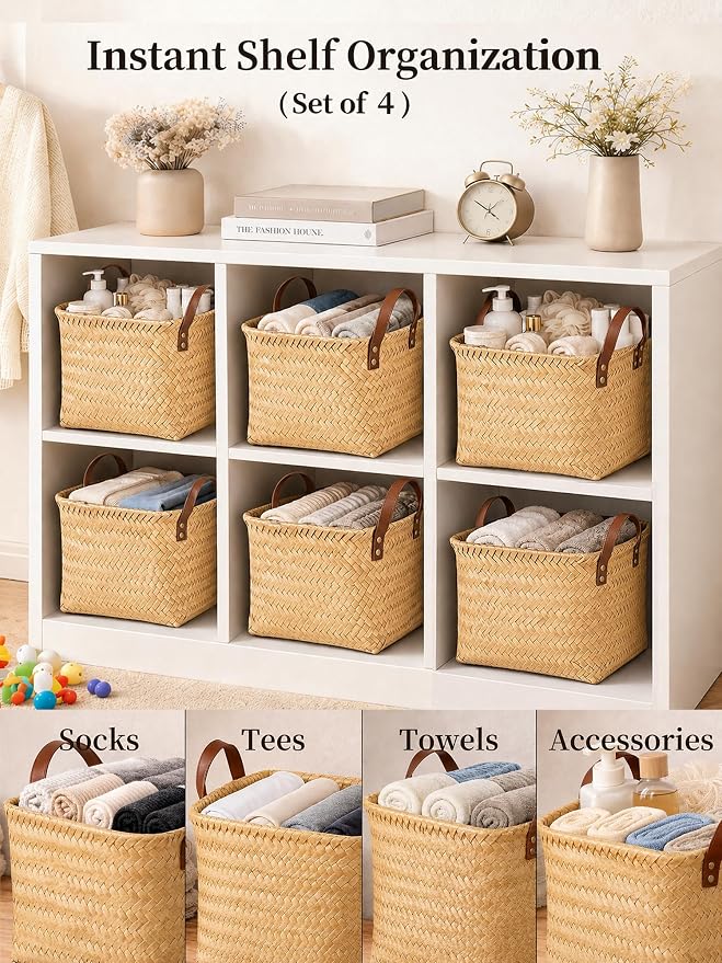 Wicker Storage Baskets, 4 Pack Woven Baskets - Image 3
