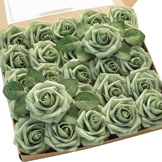 Artificial Flowers 50pcs Real Looking Elf Green Foam Fake Roses by Floroom
