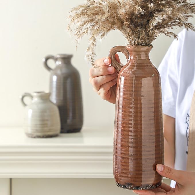 Ceramic Vases Set of 3, Neutral Rustic Farmhouse Vase - Image 4
