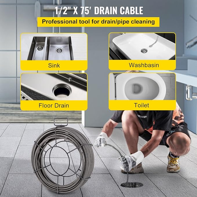 VEVOR Drain Cleaning Cable 75ft x 1/2 inch Solid Core Cable Sewer Cable - Image 2