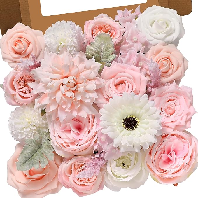Alecono Light Pink Artificial Flowers, Silk Fake Roses Floral Set | by AleconoBetterYourLife
