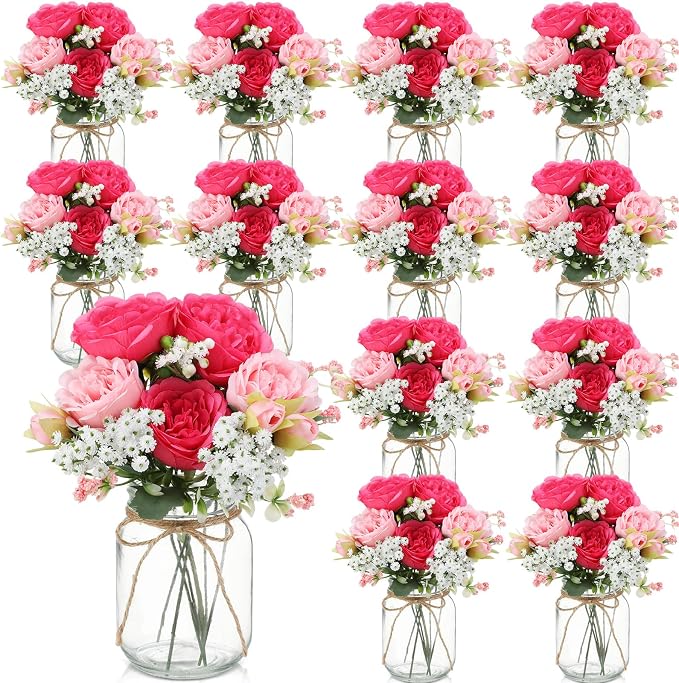 12 Sets Mason Jar Flowers Centerpiece Table Decorations, Artificial Peony by Zeyune