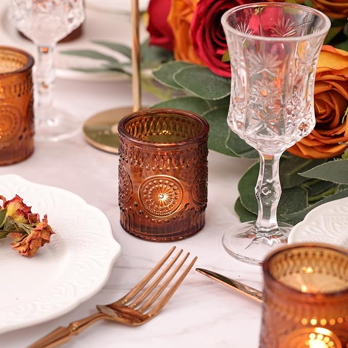 DEVI 24pcs Vintage Amber Votive Candle Holders, Amber Glass Tea Lights Candle - Image 3