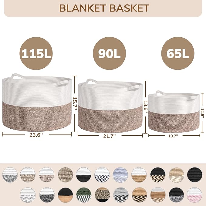 INDRESSME 115L Extra Large Woven Rope Blanket Basket Living Room WhiteBlack | - Image 7