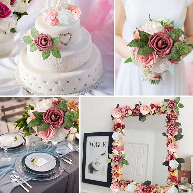 AmyHomie Rose Shades Rose 25pcs Real Looking Artificial Flowers w/Stem | Bouquet - Image 5