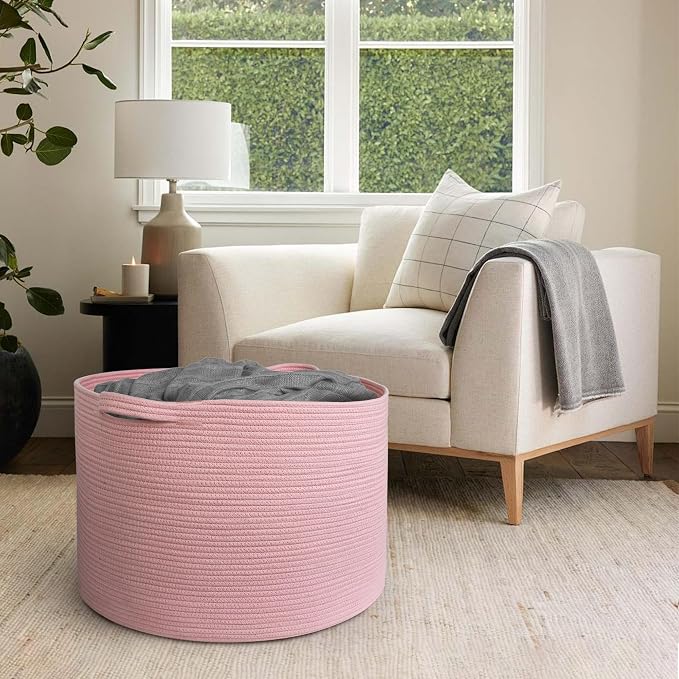 115L Oversized Pink Basket, 23.6"x15.7" Woven Cotton Rope Bin - Image 4