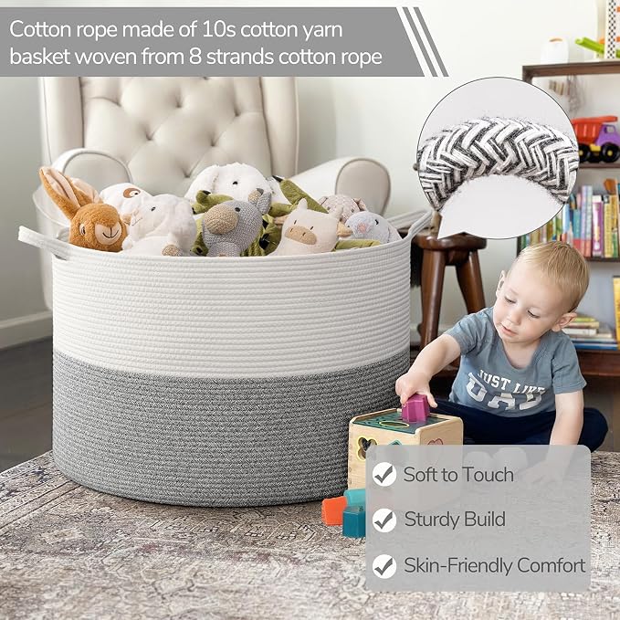 INDRESSME 115L Extra Large Woven Rope Blanket Basket Living Room Light Grey | - Image 3