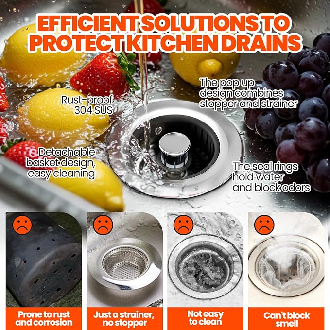 3 in 1 Kitchen Sink Drain Strainer Stopper Basket Pop Up Black - Image 2
