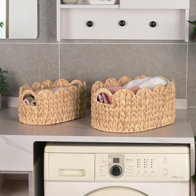 iEGrow Scalloped Wicker Basket, Water Hyacinth Storage Oval Cute Baby Baskets - Image 4