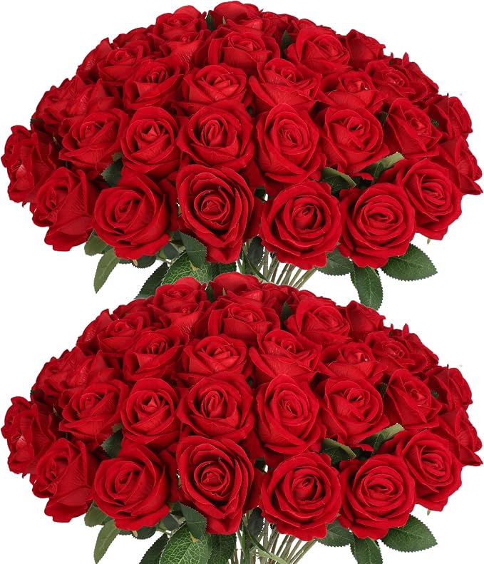 50PCS Fake Red Roses, Artificial Red Flowers Bulk | Realistic Silk Faux Rose by Jefuzh