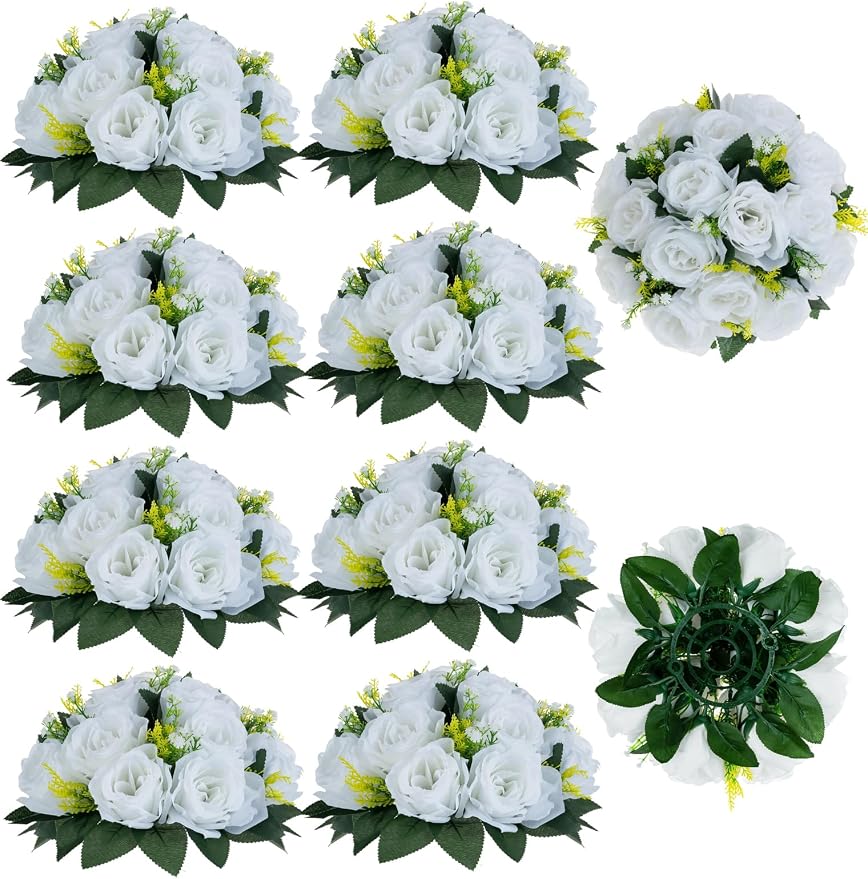 BLOSMON White Flowers for Wedding Centerpieces: 10 Pcs, 15 Faux Silk Roses | by Blosmon