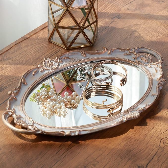 Polyresin Ellipse Antique Decorative Mirror Tray, Makeup Organizer, Jewelry - Image 3
