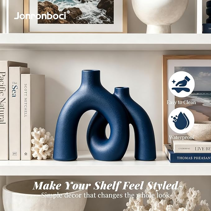 Blue Vase Set, Hug Donut Navy Ceramic Vases - Image 3