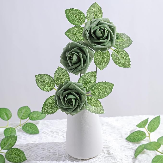 AmyHomie Green Rose 25pcs Real Looking Artificial Flowers w/Stem | Bouquet - Image 6