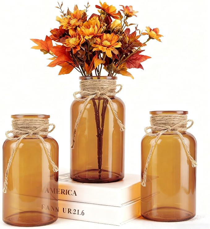 3 Pack Mason Jar Vases for Centerpieces, Amber Glass Flower Vase | Vintage by LEYIQU
