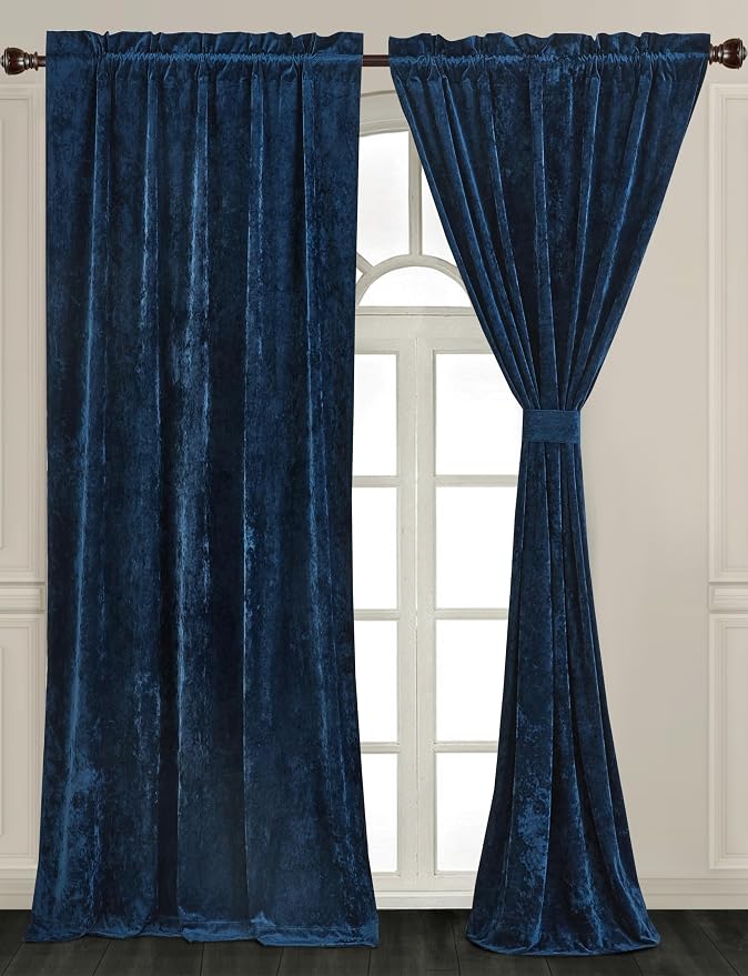 Chezmoi Collection Lux Navy Blue Crushed Velvet Curtains 2 Panel Set - Image 2