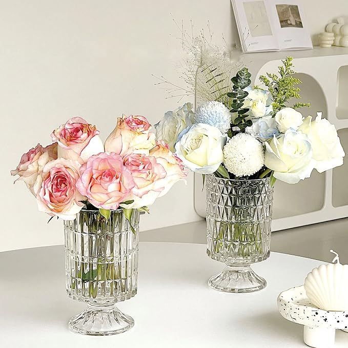 BLOFLO Embossed Glass Vase, Pedestal Big Base Glass Bouquet Vase, Hydroponic - Image 7