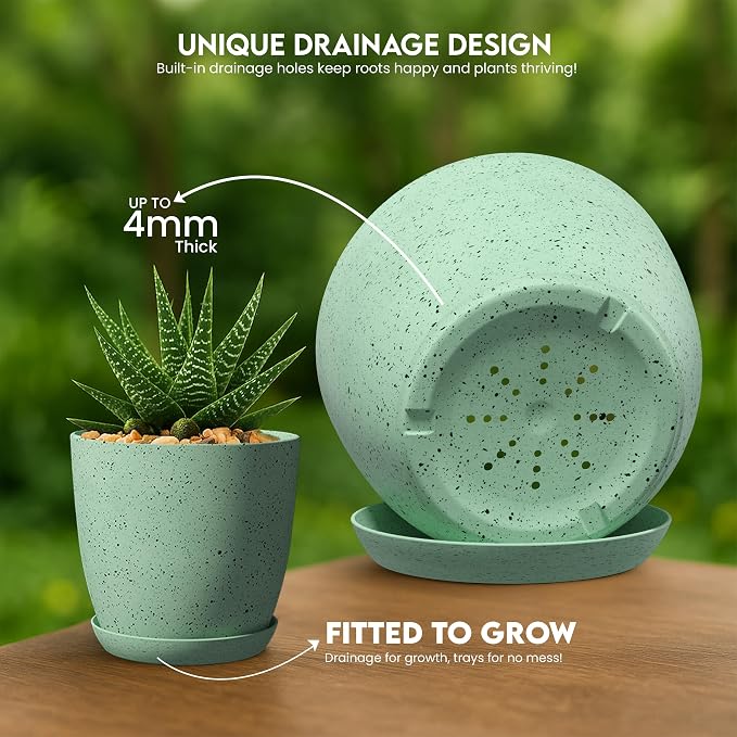 Plant Pots Indoor with Drainage 5 Pack Multi-Size Planters Set Spotty Mint | - Image 4