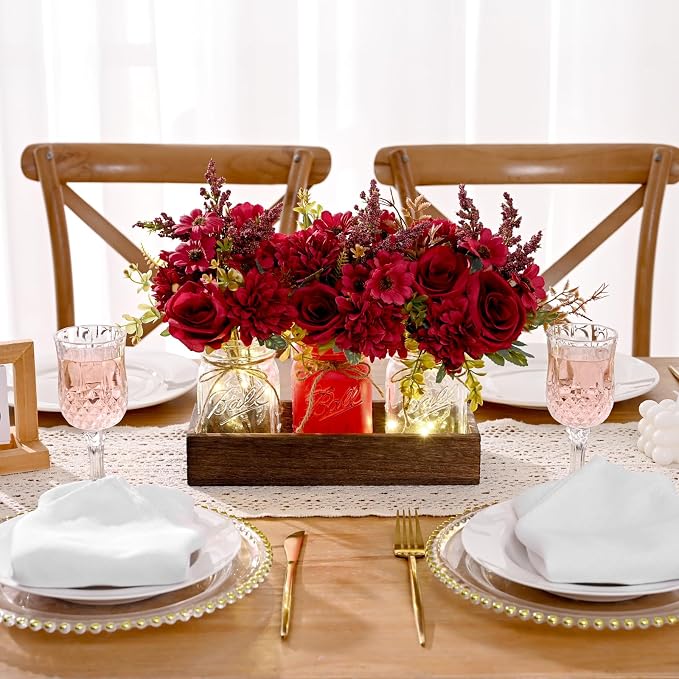 BLEUM CADE 3Pcs Mason Jar with Artificial Dahlia Flowers Wood Tray Lights | - Image 2