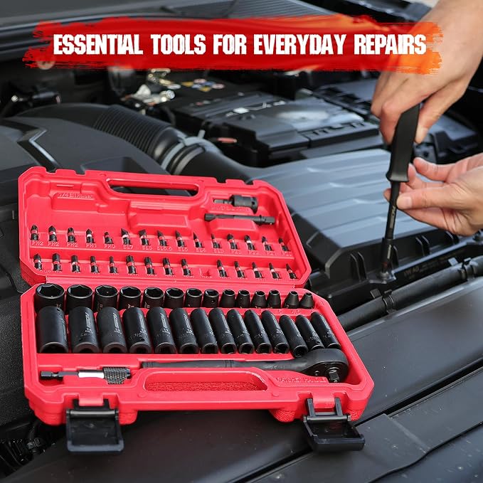 64-Piece 1/4" Drive Impact Socket Wrench Driver-Bits Set, Cr-V Metric&SAE Deep - Image 8