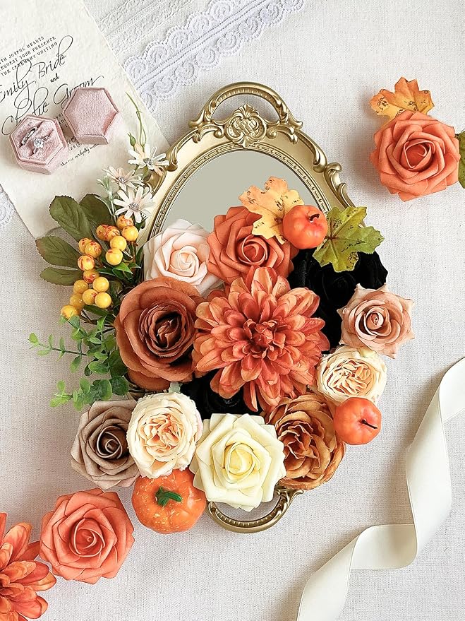FACINOC Roses Artificial Flowers Fall Orange Black Bouquet Combo - Image 2