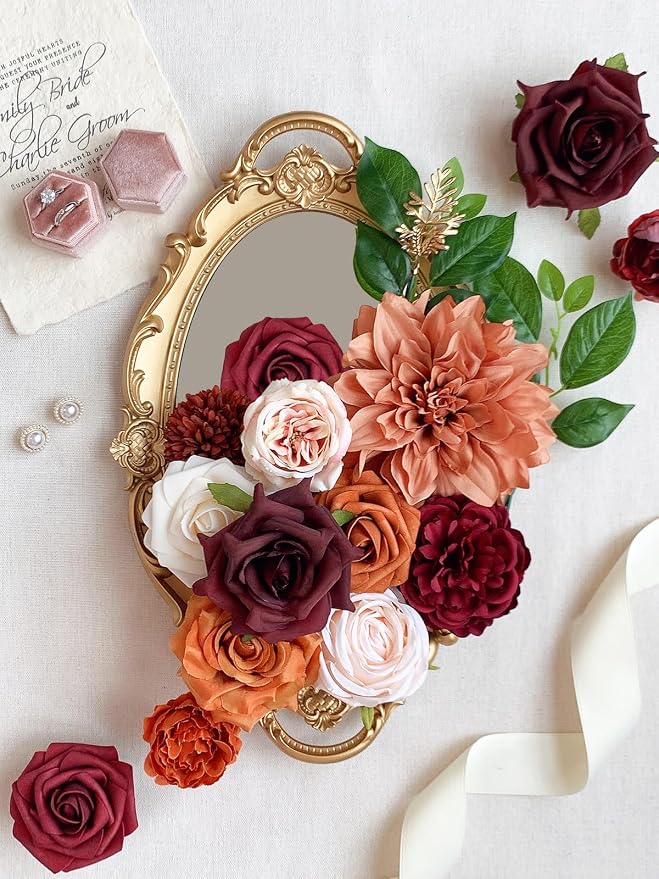 FACINOC Roses Artificial Flowers Orange Bouquet Fake Flower Dahlia Box Set | - Image 2