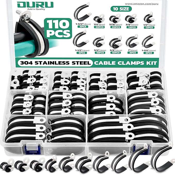 OURU 110PCS Cable Clamps Assortment Kit, Rubber Coated, 1/4"-1-3/4" 10 Sizes | by OURU