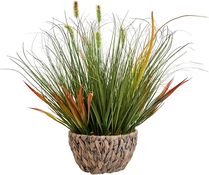 AlphaAcc Fake Faux 17" Artificial Grass Woven Pot Pebbles Home Office Decor | by AlphaAcc