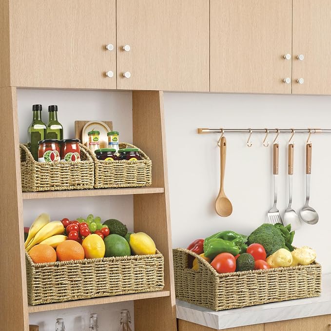 Pantry Baskets Organization, Wicker Storage Basket Green | Handwoven Pantry - Image 2