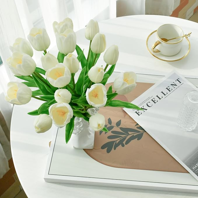 Mandy's 12pcs Artificial White Tulips | 13.5 Inch Lifelike PU Tulips Faux - Image 5
