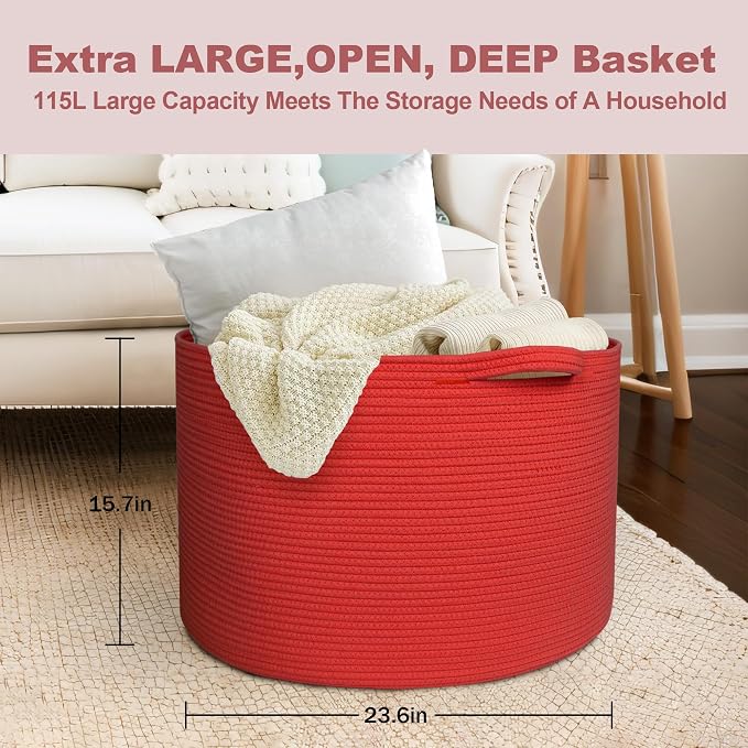115L Extra Large Red Basket for Organizing, 23.6"x15.7" Jumbo Woven Cotton Rope - Image 3