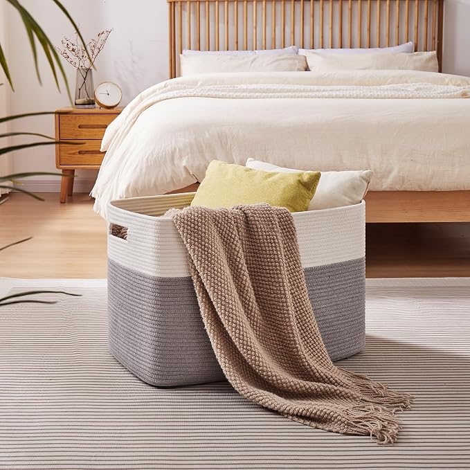 OIAHOMY 108L Extra Large Blanket Basket Dog Toy Basket Grey/White | Rectangle - Image 2