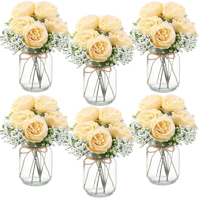 6 Sets Mason Jar Flowers Centerpiece Table Decorations, Champagne | Faux Flowers by Zeyune