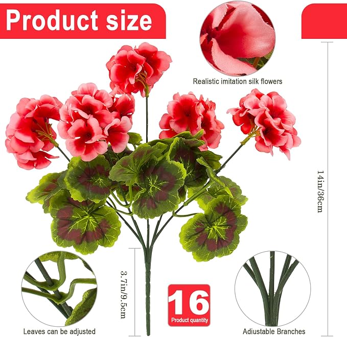 lovemoon 16 Pcs Artificial Geranium Plant Realistic Silk Flowers - Image 2