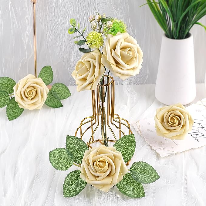 AmyHomie Beige Rose 25pcs Real Looking Artificial Flowers w/Stem | Bouquet - Image 5