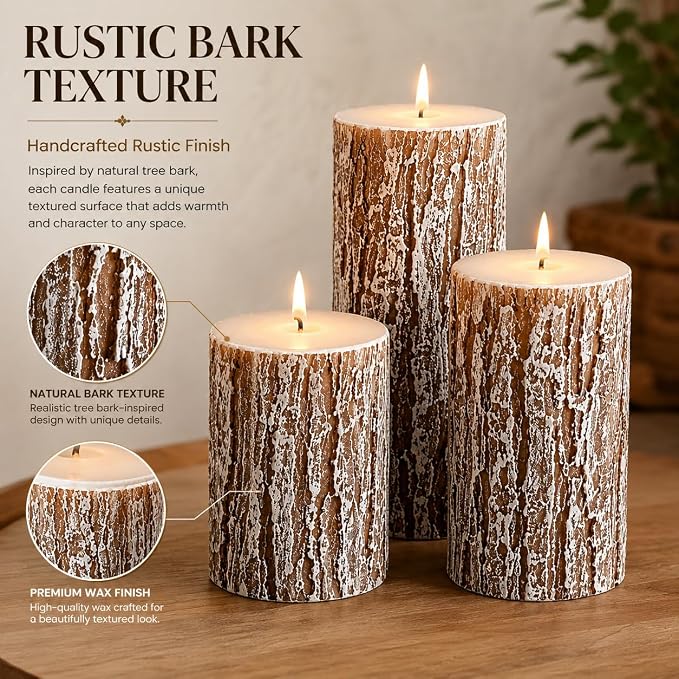 Rustic Pine Tree Pillar Candle Set of 3, Unscented Home Decor | Assorted Size - Image 3