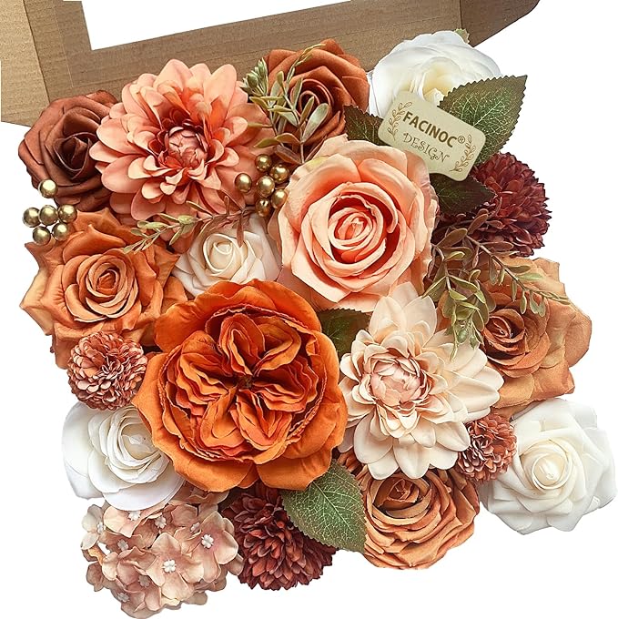 FACINOC Orange Roses Artificial Flowers Fall Fake Flower Bulk by FACINOC