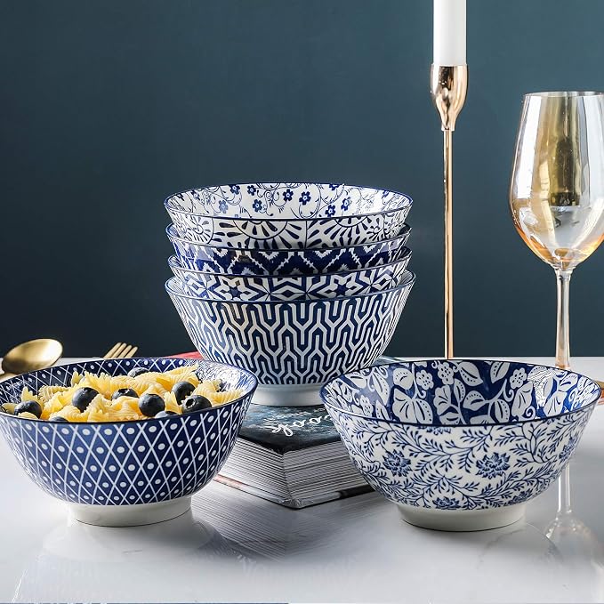 Selamica Blue and White Porcelain 20oz Cereal Bowl Set - Image 6