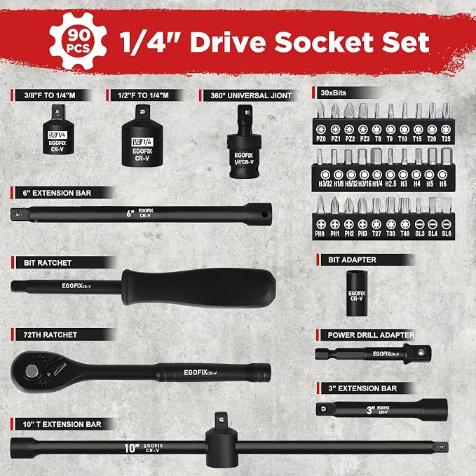 90PCS 1/4" Drive Impact Socket Set Metric 4-15mm and Standard SAE Size - Image 3