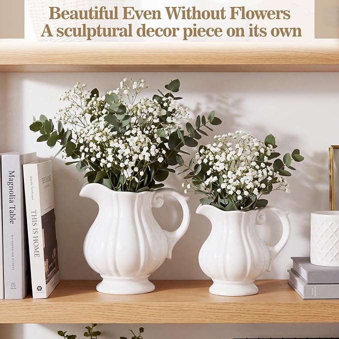 2 Pack White Ceramic Pitcher Vase Set Small Rustic, 7.1in | Decorative Flower - Image 6