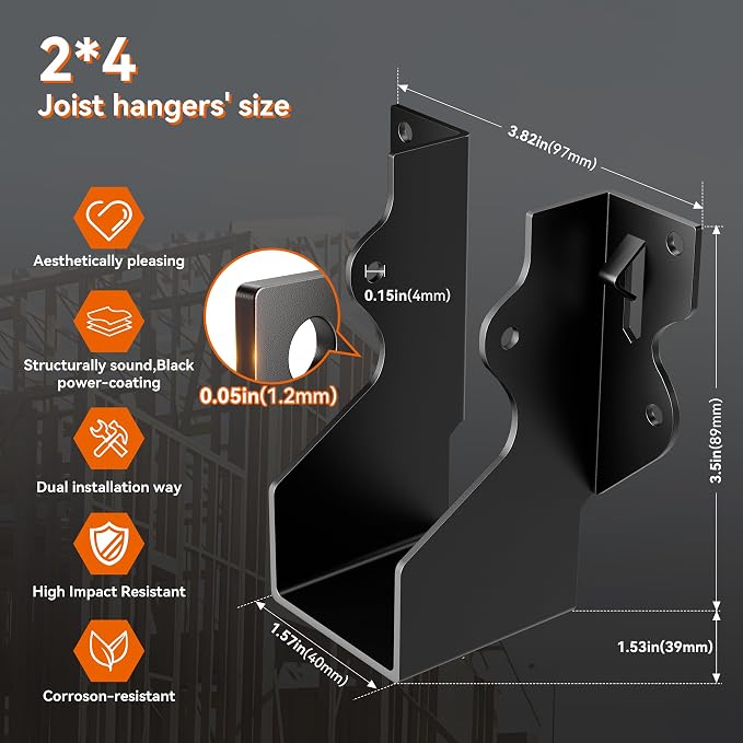 20 Pcs 2x4 Joist Hangers Black, 18 Gauge Face Mount Joist Hangers 2x4 Deck - Image 8