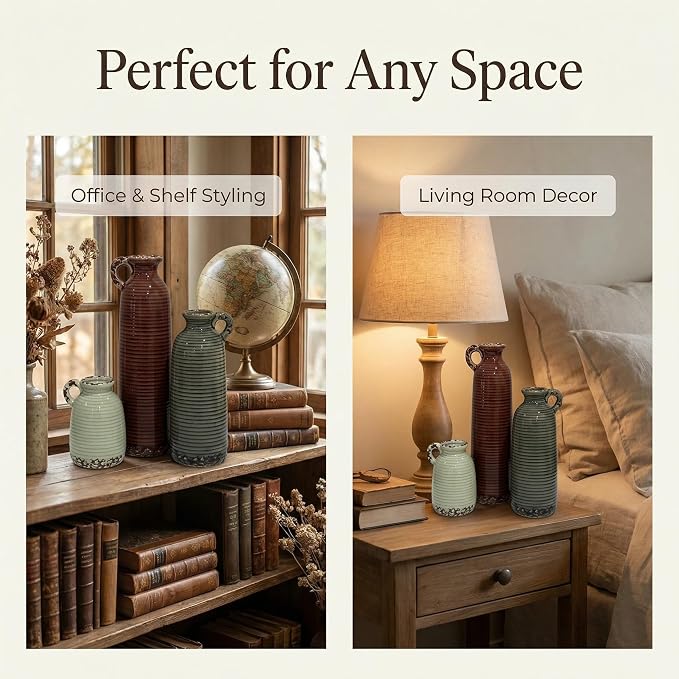 Ceramic Vase Set of 3 with Handles, Versatile as Table Centerpiece or Mantel & - Image 7