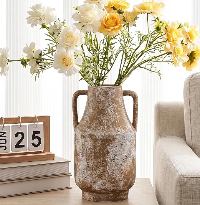 Ceramic Flower Vase with Handles, 11in Tall Rustic Vases - Image 3