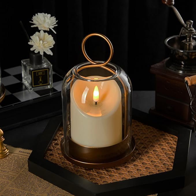 5"&4" Metal Candle Holder with Handmade Glass Dome in Brass & 2 Timer Candles - Image 3