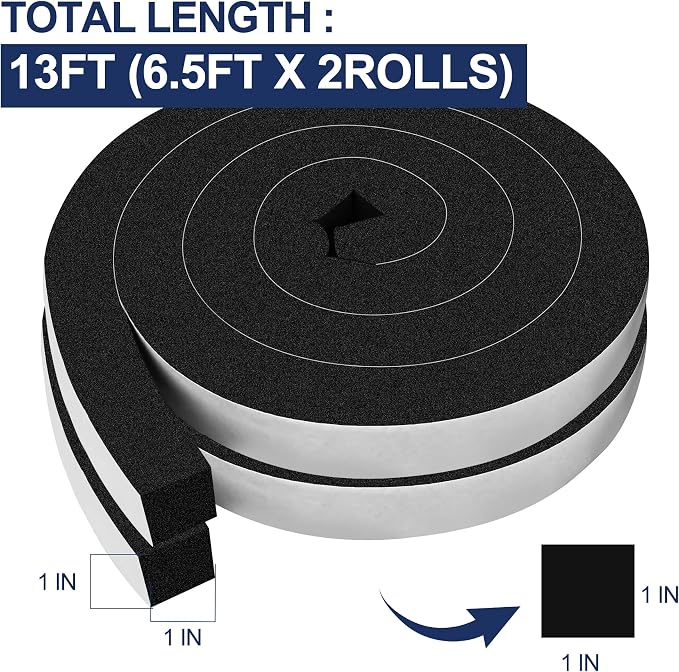 13Ft Foam Tapes Self Adhesive Foam Seal Strips 1In x 1In x 6.5Ft Each Roll - Image 2