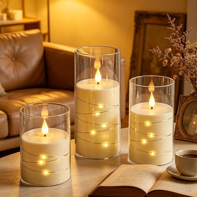 Da by 3 Pack Ivory Transparent Acrylic Flameless Taper Candles, Flickering - Image 4