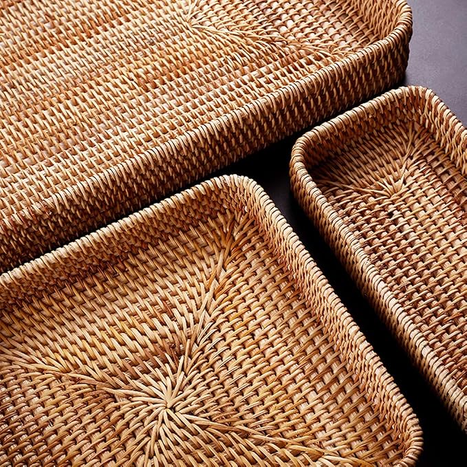 i-lan Rattan Serving Tray Set of 3, Rectangular Wicker Trays, Natural Brown | - Image 5