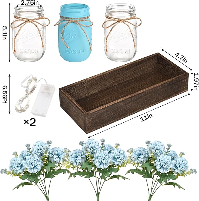 BLEUM CADE 3Pcs Mason Jar with Artificial Flowers Wood Tray and Light | - Image 3