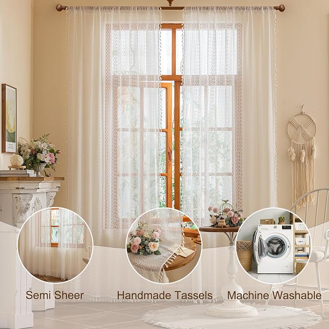 Sutuo Home White Boho Lace Curtains 2 Panels - Image 4