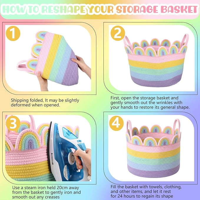 LemonRoad Round Woven Basket Pastel Rainbow, Cotton Rope Scalloped Edge Tassels - Image 3